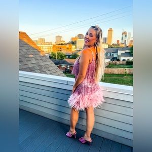 Pink sequin feather trim dress